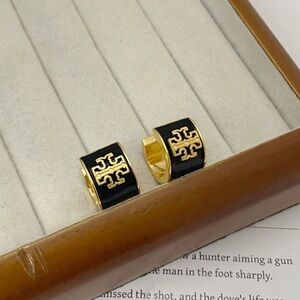Tory Burch Black and Gold Enamel Logo Huggie small Earrings